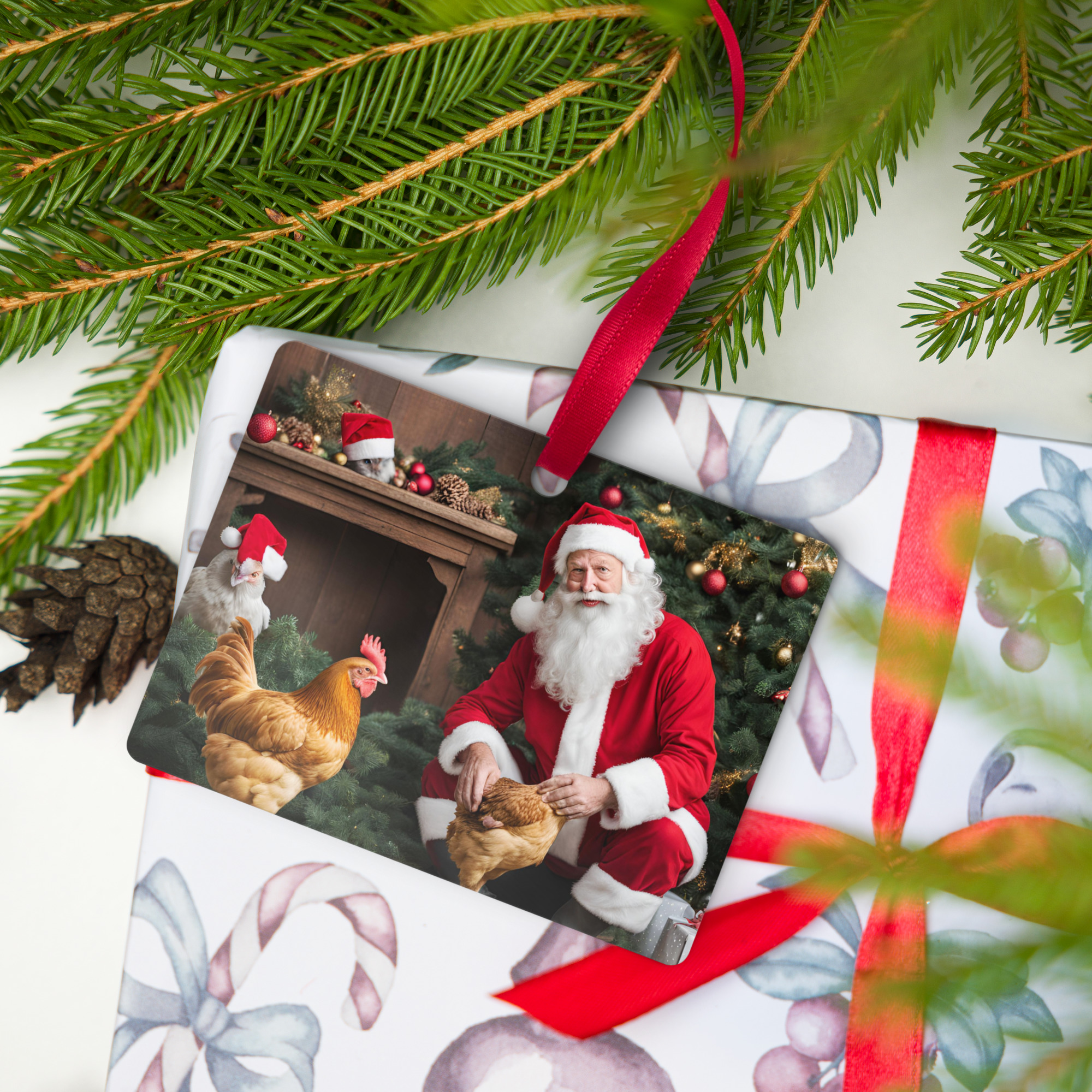 Santa with Chicken Metal Christmas Ornament